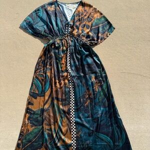 Satin Floral Maxi Dress with Checkered Trim Womens S/M